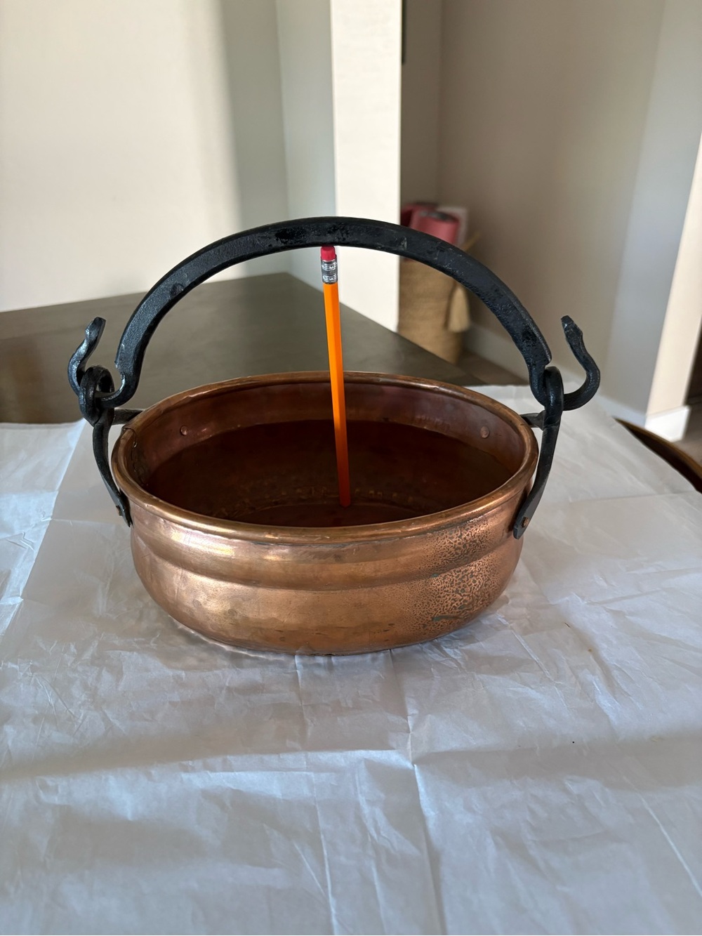 Vintage Hand Made Hammered Copper Dovetail Cauldron w/ Forged Bail Handle